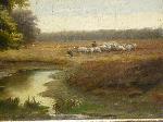 Antiek schilderij, bosgezicht met herder en schapen